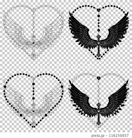 Winged Christian cross with heart-shaped rosary Winged Christian cross with heart-shaped rosary 116250857