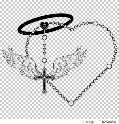 Winged Christian cross with heart-shaped rosary 116250858