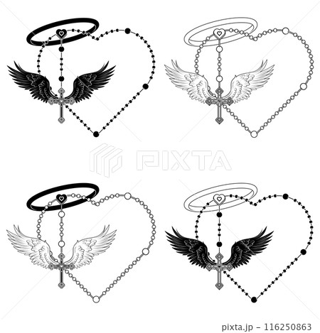 Winged Christian cross with heart-shaped rosary 116250863