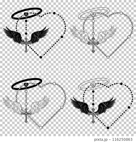 Winged Christian cross with heart-shaped rosary 116250863