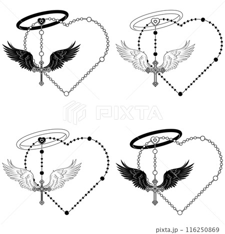 Winged Christian cross with heart-shaped rosary 116250869