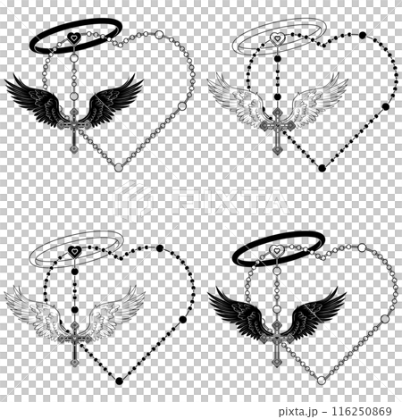 Winged Christian cross with heart-shaped rosary 116250869