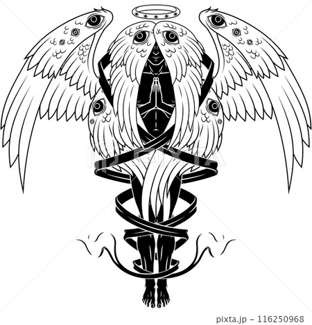 Seraph with six wings surrounded with a ribbon 116250968