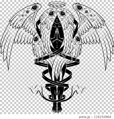 Seraph with six wings surrounded with a ribbon 116250968