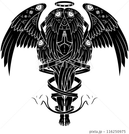 Seraph with six wings surrounded with a ribbon 116250975