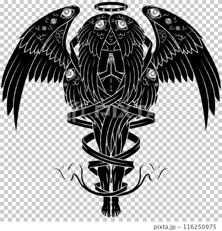 Seraph with six wings surrounded with a ribbon 116250975