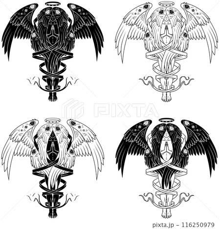 Seraph with six wings surrounded with a ribbon 116250979