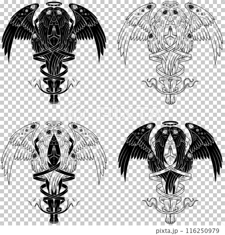 Seraph with six wings surrounded with a ribbon 116250979
