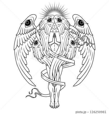 Seraph with six wings surrounded with a ribbon 116250981