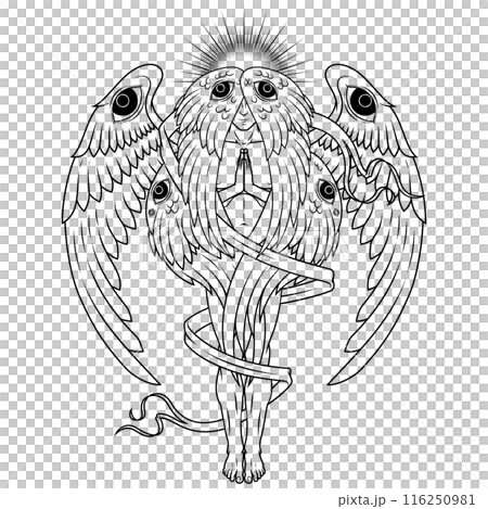 Seraph with six wings surrounded with a ribbon 116250981