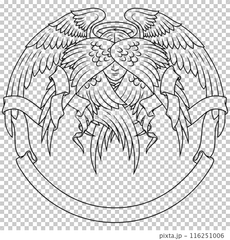 Angel with six wings and surrounded by ribbon 116251006