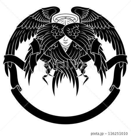 Angel with six wings and surrounded by ribbon 116251010