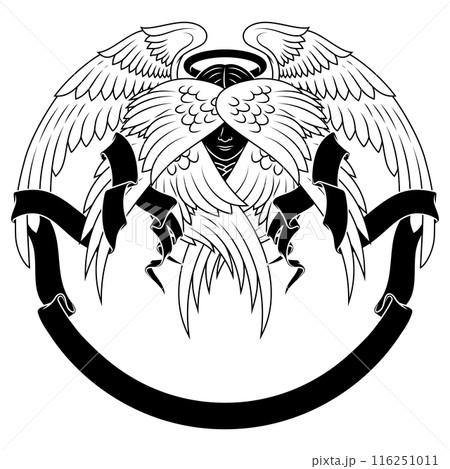 Angel with six wings and surrounded by ribbon 116251011