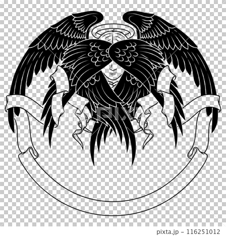 Angel with six wings and surrounded by ribbon 116251012