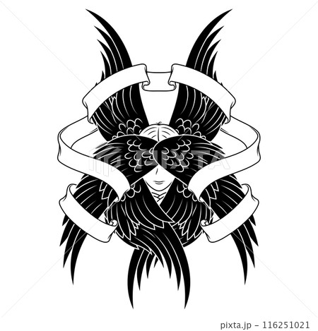 Angel with six wings and surrounded by ribbon 116251021