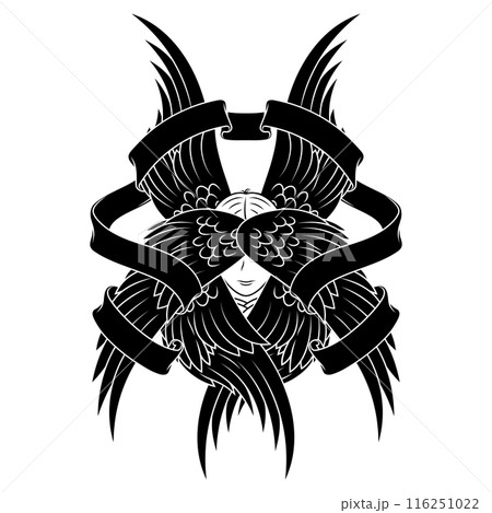 Angel with six wings and surrounded by ribbon 116251022