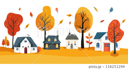 Autumn yellow, orange and red trees, leaf fall. Small white houses on an ocher lawn. Hand drawn. Folk poster Autumn landscape. 116251294