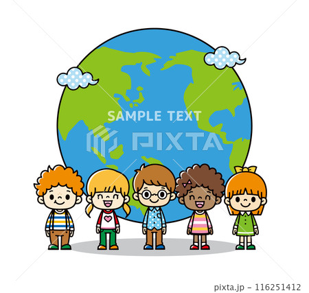 宙に浮いている線画の地球の前で並んでいる世界の小学生のグループのイラスト、コピースペースのある地球の 宙に浮いている線画の地球の前で並んでいる世界の小学生のグループのイラスト、コピースペースのある地球の 116251412