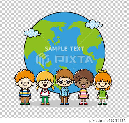 宙に浮いている線画の地球の前で並んでいる世界の小学生のグループのイラスト、コピースペースのある地球の 宙に浮いている線画の地球の前で並んでいる世界の小学生のグループのイラスト、コピースペースのある地球の 116251412
