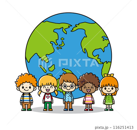 宙に浮いている線画の地球の前で並んでいる世界の小学生のグループのイラスト 宙に浮いている線画の地球の前で並んでいる世界の小学生のグループのイラスト 116251413