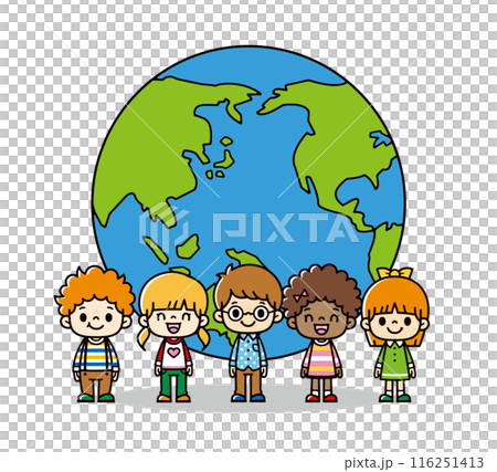 宙に浮いている線画の地球の前で並んでいる世界の小学生のグループのイラスト 宙に浮いている線画の地球の前で並んでいる世界の小学生のグループのイラスト 116251413