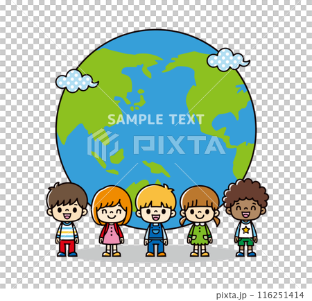 宙に浮いている地球の前で微笑むさまざまな人種のかわいい子供たちのイラスト、コピースペースのある地球の 116251414