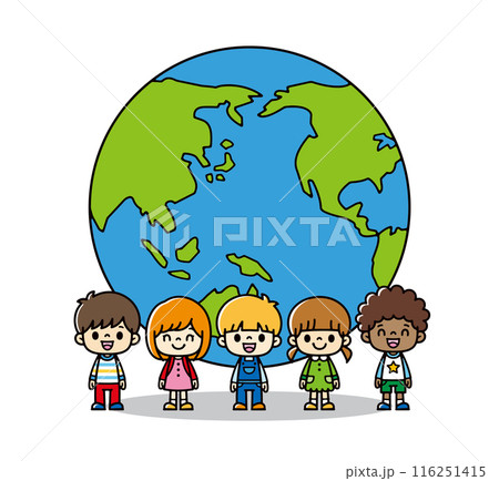 宙に浮いている線画の地球の前で微笑むさまざまな人種のかわいい子供たちのイラスト 宙に浮いている線画の地球の前で微笑むさまざまな人種のかわいい子供たちのイラスト 116251415