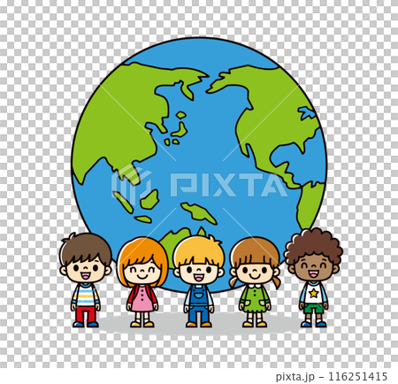 宙に浮いている線画の地球の前で微笑むさまざまな人種のかわいい子供たちのイラスト 宙に浮いている線画の地球の前で微笑むさまざまな人種のかわいい子供たちのイラスト 116251415