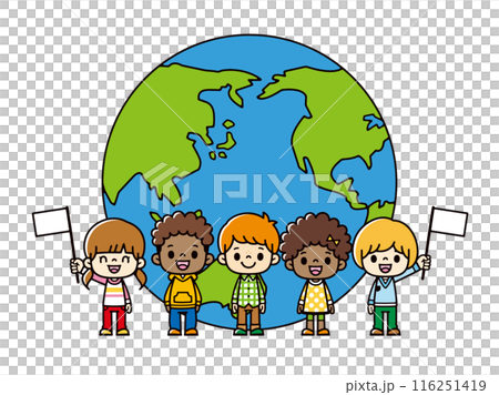 Illustration of a group of elementary school students from around the world standing in front of a large globe and smiling and waving flags 116251419
