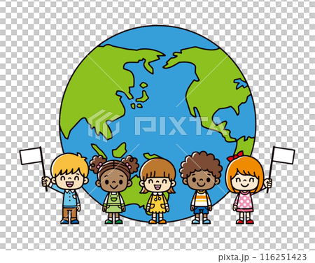 來自世界各地的兒童站在大地球儀前微笑著揮舞旗幟的插圖 116251423