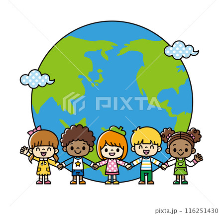 雲がかかる地球の前に立って、手をつないでいる世界のいろいろな人種の子供たちのイラスト 雲がかかる地球の前に立って、手をつないでいる世界のいろいろな人種の子供たちのイラスト 116251430