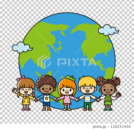 An illustration of children of different races from around the world holding hands and standing in front of a globe covered in clouds 116251430