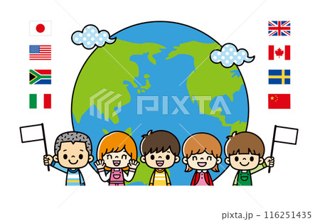 半円の地球と雲と国旗のアイコン、笑顔で国旗を持つかわいい子供たちのイラスト。 半円の地球と雲と国旗のアイコン、笑顔で国旗を持つかわいい子供たちのイラスト。 116251435