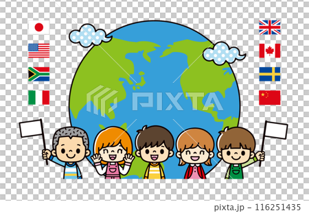 半円の地球と雲と国旗のアイコン、笑顔で国旗を持つかわいい子供たちのイラスト。 半円の地球と雲と国旗のアイコン、笑顔で国旗を持つかわいい子供たちのイラスト。 116251435