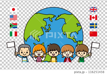 半円の線画の地球と国旗のアイコン、笑顔で国旗を持つかわいい子供たちのイラスト。 116251438