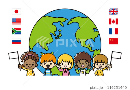 半円の線画の地球と国旗のアイコン、笑顔で国旗を持つ多文化の子供たちのイラスト。 116251440