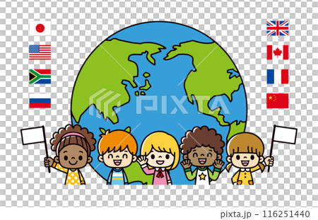 半円の線画の地球と国旗のアイコン、笑顔で国旗を持つ多文化の子供たちのイラスト。 116251440