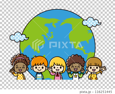 Illustration of cute smiling children of various races standing in front of a semicircular globe. American and Asian children 116251445