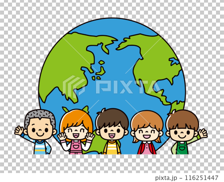 半円の地球の前に並ぶ、さまざまな人種の笑顔がかわいい子供たちのイラスト。 116251447