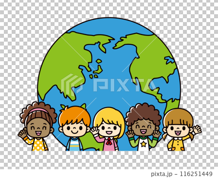 半円の地球の前に並ぶ、さまざまな人種の笑顔がかわいい子供たちのイラスト。アメリカ人やアジア人の子供た 116251449