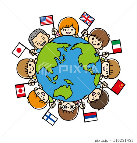 地球から顔を出して国旗を振っている世界の子供たちのかわいいイラスト 地球から顔を出して国旗を振っている世界の子供たちのかわいいイラスト 116251453