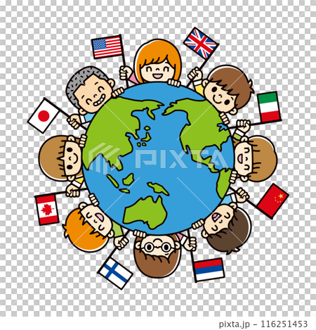 A cute illustration of children from around the world waving their flags and peeking out from the globe A cute illustration of children from around the world waving their flags and peeking out from the globe 116251453