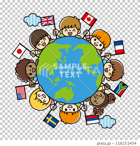 Cute illustration of children from around the world waving their national flags and showing their faces from the Earth. Cute illustration of children from around the world waving their national flags and showing their faces from the Earth. 116251454