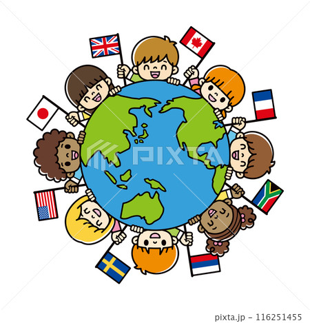 地球から顔を出して国旗を振っている世界の子供たちのかわいいイラスト 116251455