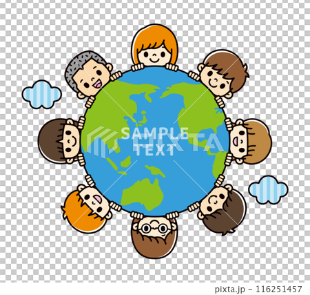 主線なしの青と緑の地球から顔を出しているかわいい子供たちのイラスト 116251457