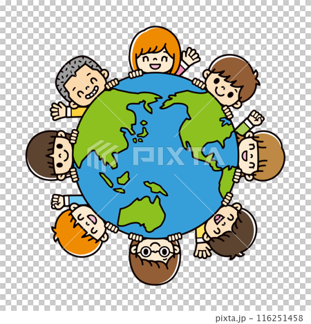 青と緑の線画の地球から笑顔で手を振るかわいい子供たちのイラスト 116251458