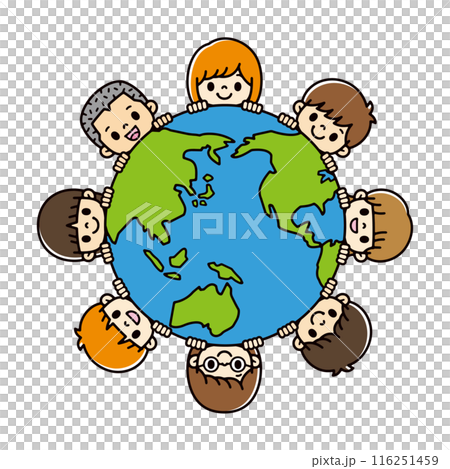 Illustration of cute kids peeking out from a blue and green line drawing of the Earth 116251459