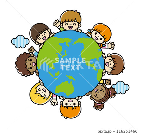 主線なしの青と緑の地球から笑顔で挨拶する様々な人種のかわいい子供たちのイラスト 116251460