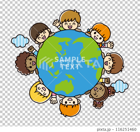 An illustration of cute children of different races smiling and saying hello from a blue and green globe without main lines 116251460