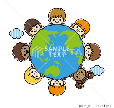 主線なしの青と緑の地球から顔を出す様々な人種のかわいい子供たちのイラスト 116251461
